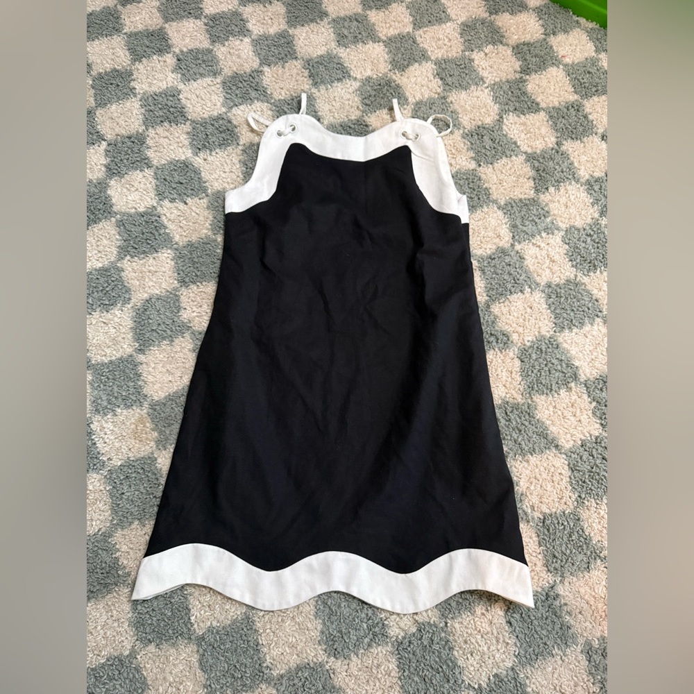 AUREUM linen blend black and white wave hem mini dress lined sleeveless Small - Picture 3 of 11